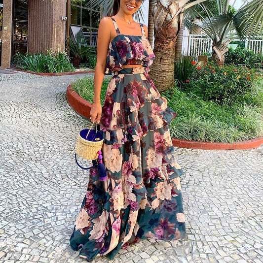 Women's two-piece dress with suspender top and lotus leaf long skirt set